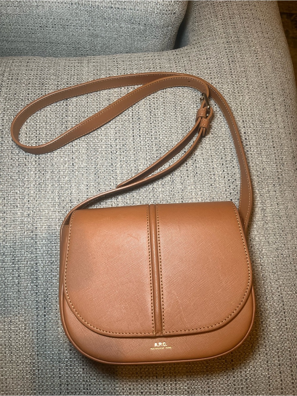 A.P.C. Betty Leather Crossbody Saddle Bag in Camel